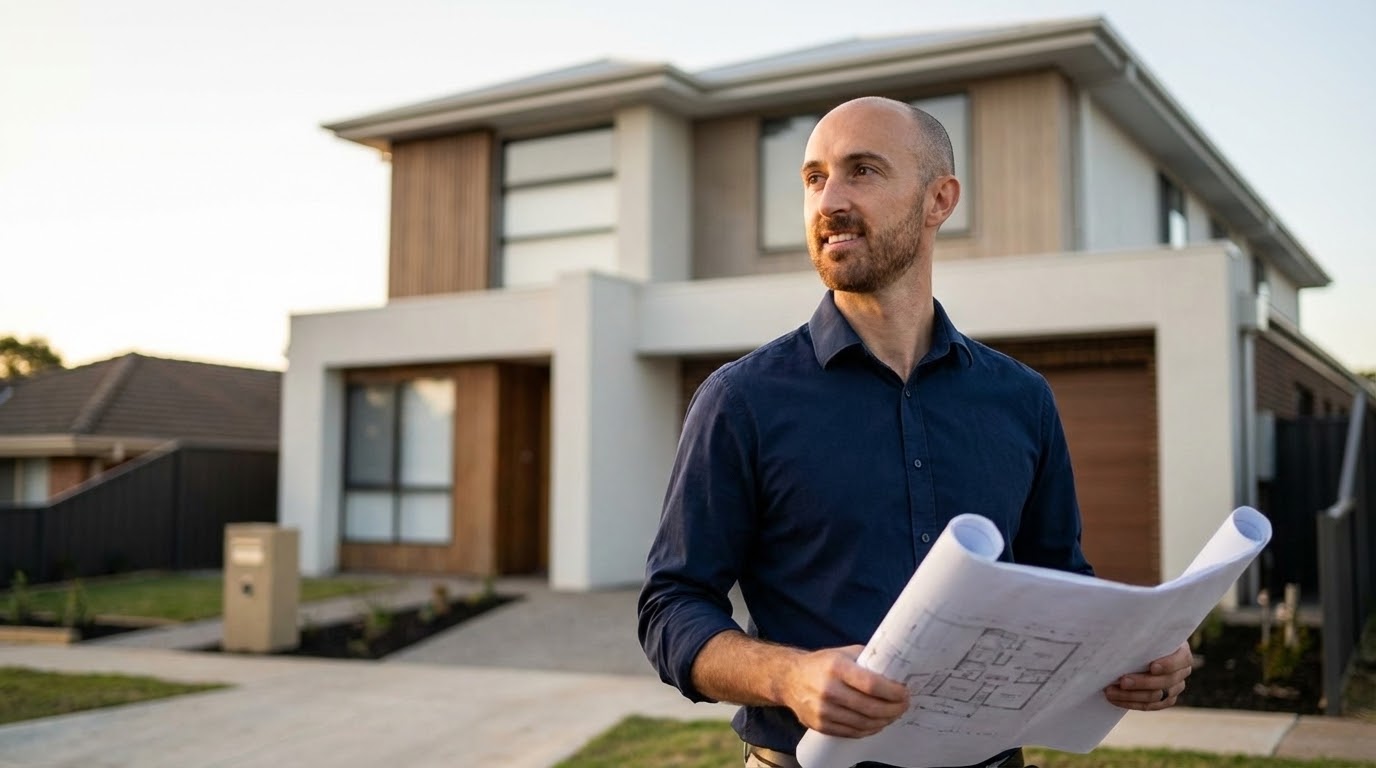 Guy Moore reviewing development plans on site