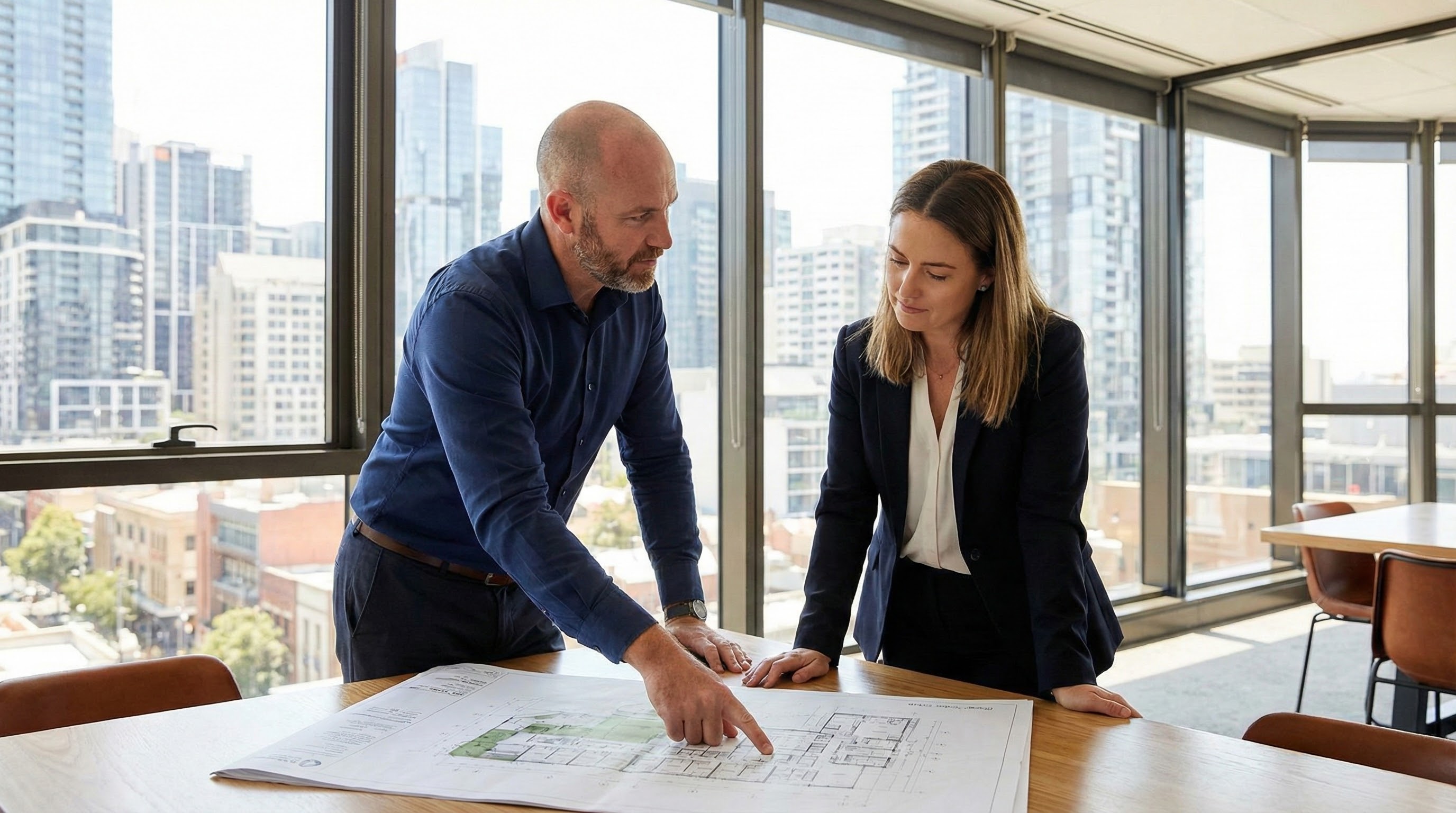 Guy Moore reviewing architectural plans with client